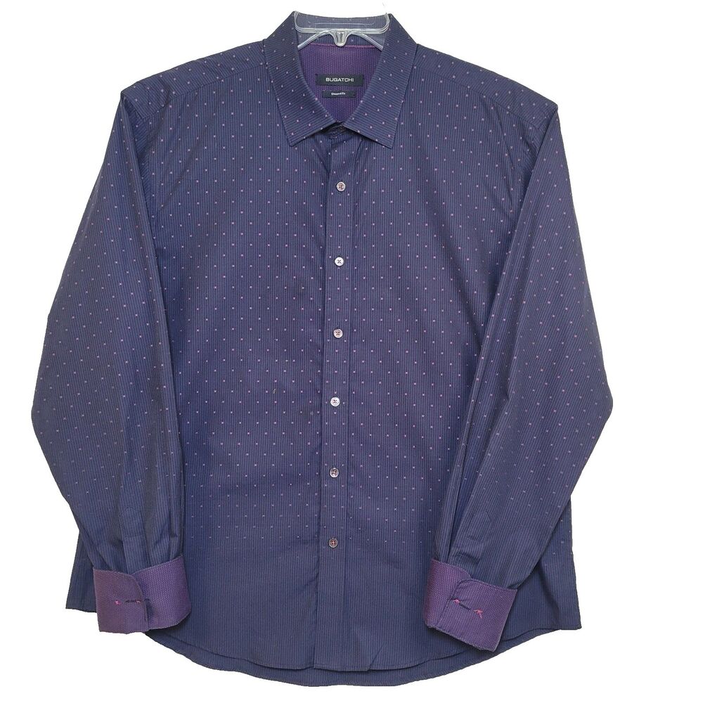 Bugatchi Blue Purple Geometric Stripe Shaped Fit XL Flip Cuff Long Sleeve